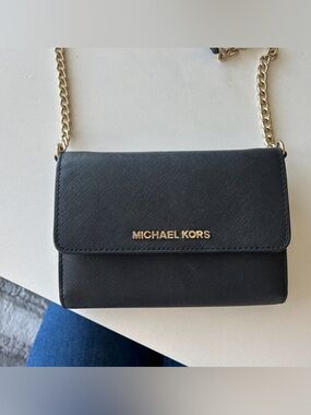 Michael Kors Black Saffiano Leather Crossbody with Gold Chain